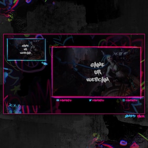 May include: A black and white digital illustration of a female character with blue hair, wearing a pink and black outfit, holding a weapon. The text "GAME OR WEBCAM" is displayed in white with a black outline. The background is a dark, abstract design with neon pink and blue accents.