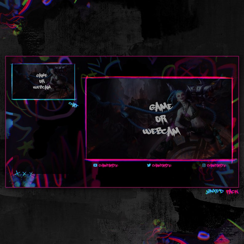 May include: A black and white digital illustration of a female character with blue hair, wearing a pink and black outfit, holding a weapon. The text "GAME OR WEBCAM" is displayed in white with a black outline. The background is a dark, abstract design with neon pink and blue accents.