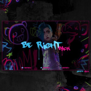 May include: A digital illustration of a female character with blue hair and a pink and blue shirt. The background is black with colorful graffiti and the text "BE RIGHT BACK".