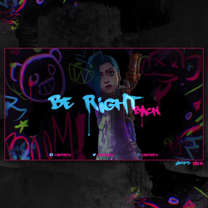 May include: A digital illustration of a female character with blue hair and a pink and blue shirt. The background is black with colorful graffiti and the text "BE RIGHT BACK".