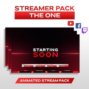 Puede incluir: Paquete de streamer animado con un esquema de color rojo y negro. El paquete incluye una pantalla de inicio pronto, un panel de redes sociales y un panel de conteo de seguidores. El texto "STREAMER PACK THE ONE" se muestra en la parte superior de la imagen. El texto "ANIMATED STREAM PACK" se muestra en la parte inferior de la imagen.