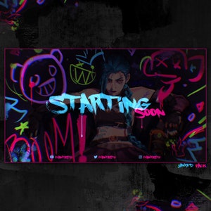 May include: A digital illustration of a video game character with blue hair and a pink and blue outfit. The character is holding a gun and is surrounded by colorful graffiti. The text "STARTING SOON" is written in large, bold letters across the image.