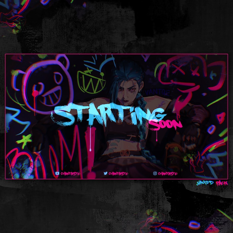 May include: A digital illustration of a video game character with blue hair and a pink and blue outfit. The character is holding a gun and is surrounded by colorful graffiti. The text "STARTING SOON" is written in large, bold letters across the image.