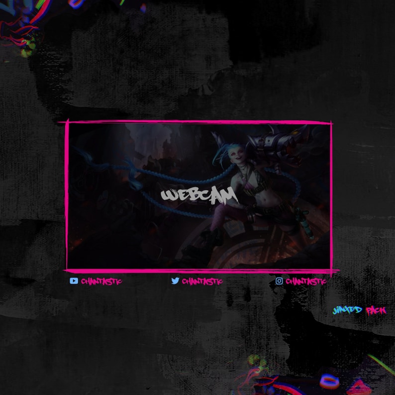 May include: A digital illustration of a female character from the video game League of Legends. The character is Jinx, a chaotic and unpredictable champion known for her explosive gadgets and unpredictable personality. She is depicted in a dark and gritty setting, with a blue and pink color scheme. The text "WEBCAM" is displayed in a bold, stylized font.