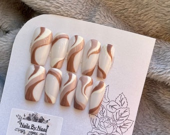 Reusable Hand Painted Press On Nails| Abstract coffee swirls stick on set of 10 false nails