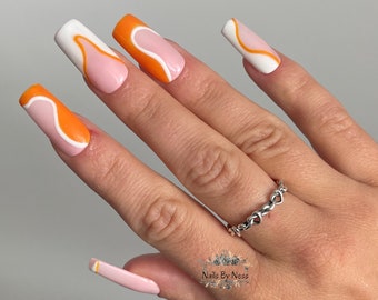 Orange Abstract nails| Press on Nails |set of 10 |False nails| Fake nails| Glue on Nails