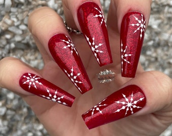 Press on nails | Hand painted sparkly red snowflakes false nails | set of 10 stick on nails