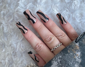 Reusable Hand Painted Press On Nails | Black  and brown abstract stick on set of 10 false nails