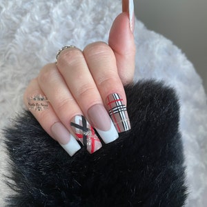 Reusable Hand Painted Press On Nails | White French tartan stick on set of 10 false nails