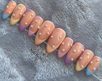 Press on nails, Pastel Rainbow Pearl French, Stick on nails, False nails set of 10