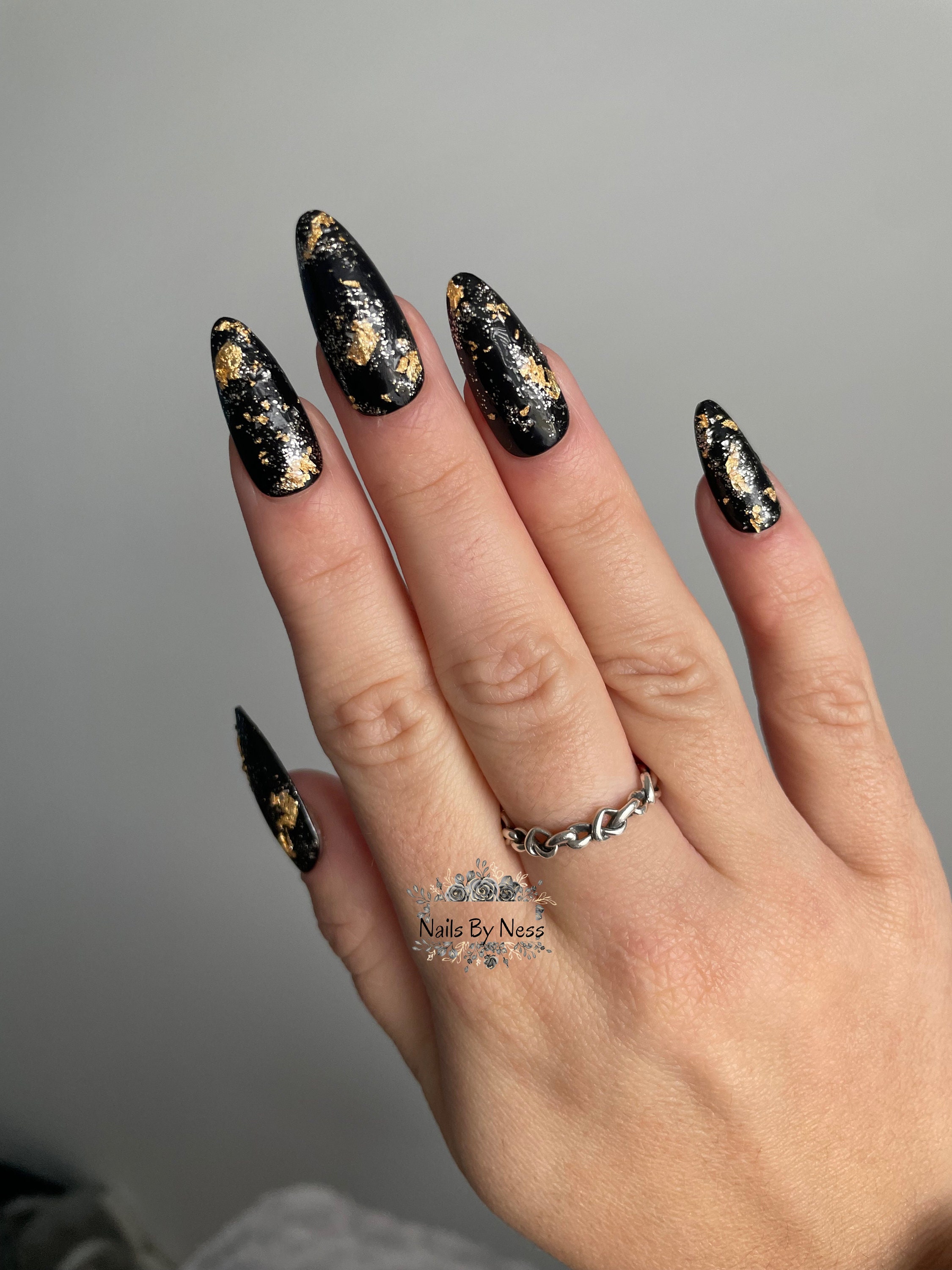 Gold Foil Nail Art, Half Gray Nails with Gold Accent