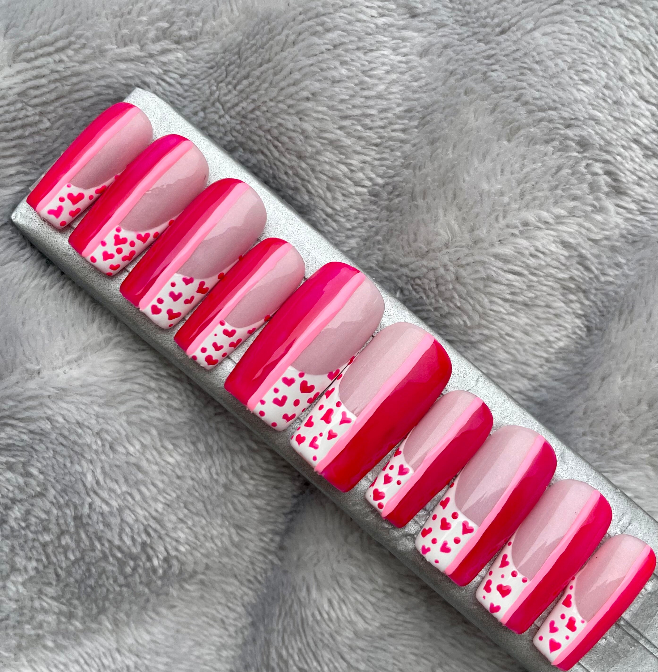 Reusable Hand Painted Press On Nails| French valentines  stick on set of 10 false nails
