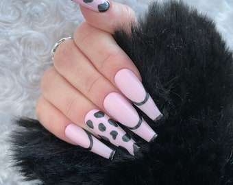 Reusable Hand Painted Press On Nails | Pink and black cow print with french tips stick on set of 10 false nails
