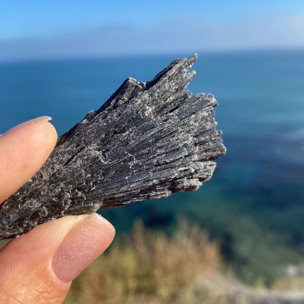 Raw Black Kyanite Blade - Natural crystal, for high energy, grounding, self discovery. Rough Black Kyanite Fan ~2" inches