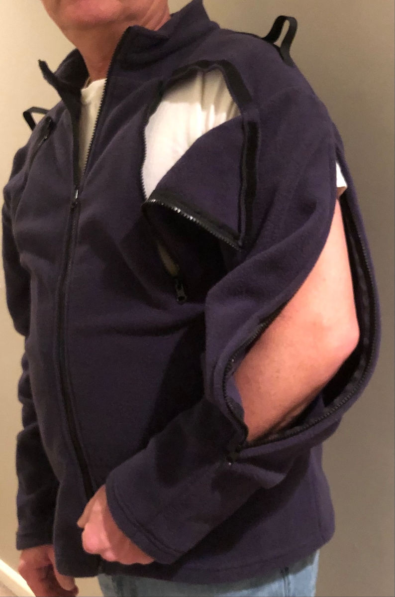 Left side of dialysis / chemo jacket with catheter / PICC line and fistula access points and adjustable tubing management system on shoulder for less strain and tugging on the access site. (Navy Blue)