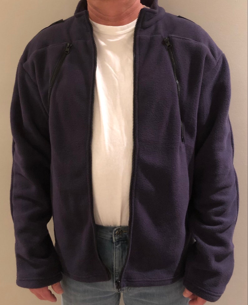 Full length zippered, dual pocket fleece jacket for dialysis, chemo or infusion treatments. (Navy Blue)
