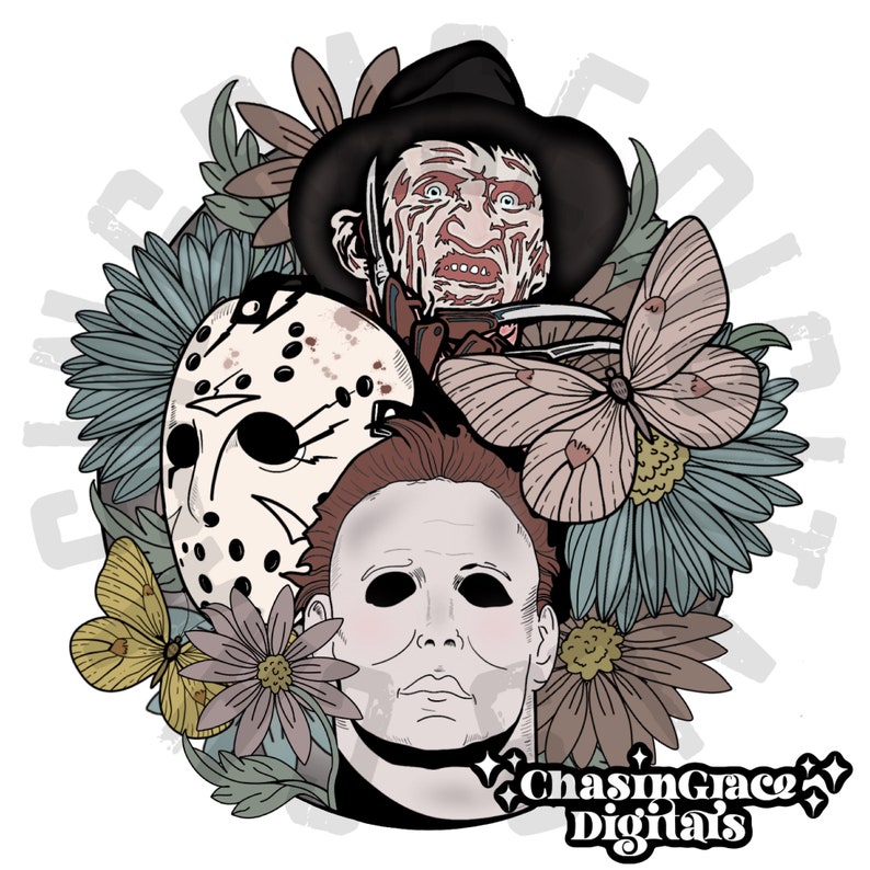 May include: A digital illustration of three horror movie characters: Michael Myers, Jason Voorhees, and Freddy Krueger. The characters are surrounded by flowers and a butterfly.