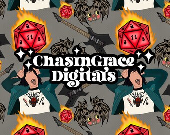 May include: A seamless pattern featuring a red 20-sided die with flames, a black electric guitar, a bat with a pink face, and a person wearing a teal jacket and a white t-shirt with a red dragon graphic. The text "ChasınGrace Digital's" is in the center of the pattern.