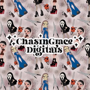 Halloween Dolls, seamless file, pattern, spooky, Jason, Freddy, brat, cute, horror, PNG