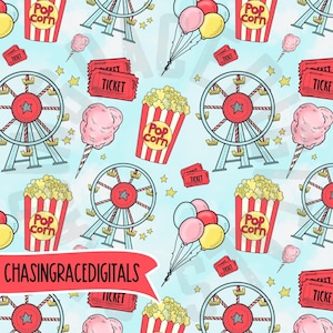 County fair seamless download, circus seamless file, digital download, cotton candy, popcorn, Ferris wheel, PNG