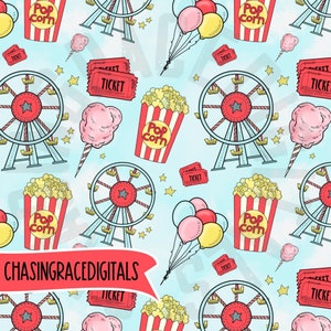 County fair seamless download, circus seamless file, digital download, cotton candy, popcorn, Ferris wheel, PNG