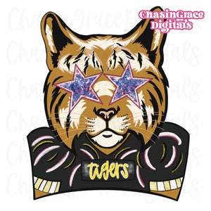 Tigers, PNG, school mascot, digital download, sublimation, team spirit, black and yellow, jersey, chenille letters, varsity