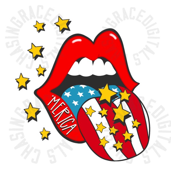 4th of July, PNG, Digital download, America,  instant download, sublimation file, red white and blue, tongue, lips, retro, stars