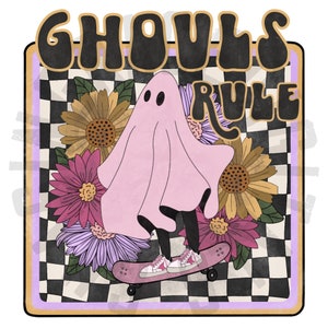 Ghouls Rule, Halloween, png, digital download, skateboard ghost, floral, retro, spooky, horror, Halloween download, trendy, checkered print