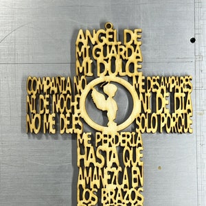 Guardian Angel Prayer Cross, Cruz Angel de la Guarda, Wood Cross Decoration, Baptism Christening  Laser cut- 6 x 4.4in 3mm thick QTY 50 bulk