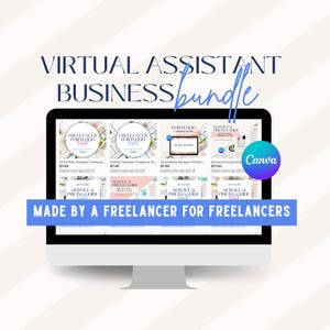 以下が含まれることがあります： 複数のデジタルテンプレートを含むVirtual Assistant Business Bundleを表示するコンピューターモニター。画面には様々なポートフォリオや料金ガイドのデザインが表示されています。青いバナーにはMade by a freelancer for freelancersと書かれています。