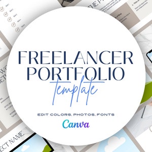 May include: A Freelancer Portfolio Template with the text "Freelancer Portfolio Template" in a navy blue font. The template includes editable colors, photos, and fonts. The Canva logo is visible at the bottom.