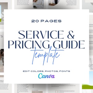 Może przedstawiać: Cyfrowy szablon dla Przewodnika po Usługach i Cenach, z tekstem "SERVICE & PRICING GUIDE Template" w kolorze granatowym i jasnoniebieskim. Szablon jest przeznaczony dla Canvy i umożliwia edycję kolorów, zdjęć i czcionek. Projekt jest czysty i nowoczesny.