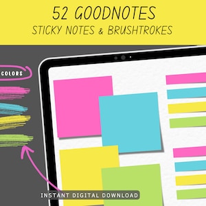 Op de afbeelding: Een digitaal tabletscherm met 52 Goodnotes-kleefnotities en penseelstreken in klassieke kleuren: roze, blauw, geel en groen. De tekst "52 GOODNOTES STICKY NOTES & BRUSHSTROKES" staat bovenaan het scherm. De tekst "INSTANT DIGITAL DOWNLOAD" staat onderaan het scherm.