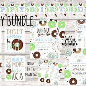 Pacote de festa editável e imprimível Donut Grow Up | Convite para festa temática de donut, marco, placas, cápsula do tempo