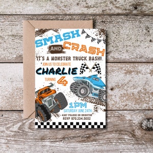 Monster Truck Birthday Party Invitation Canva Editable Digital Boy Birthday Party Decorations Signs Monster Truck Party Decor