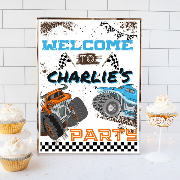 Monster Truck Birthday Party Welcome Sign Canva Editable Digital Boy Birthday Party Decorations Signs Monster Truck Party Decor