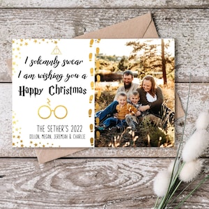 Wizardry Happy Christmas-fotokaartsjabloon Zweinstein zweer plechtig dat ik niets goeds doe Gouden accent kerstfotokaart Bril Bliksem
