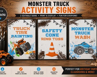 Letreros para actividades de fiesta de Monster Truck / Juegos de fiesta editables en Canva / Decoraciones de cumpleaños de Monster Truck / Letreros de fiesta imprimibles