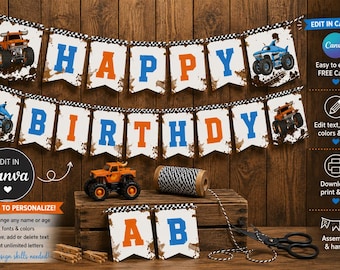Monster Truck Birthday Banner Template | Editable Monster Truck Happy Birthday Banner Canva Banner Truck Birthday Decorations DIY Printable