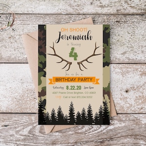 Invitation de partie de chasse | Hunter, Camo, Anniversaire Antler | Invitation d'anniversaire Oh Shoot | Comprend une bannière d'anniversaire imprimable GRATUITE