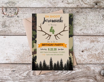 Hunting Party Invitation | Hunter, Camo, Antler Birthday | Oh Shoot Birthday Invite | Includes FREE Printable Birthday Banner