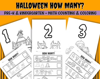 Halloween Math Worksheets, Pre-K Kindergarten Worksheets, Counting, Coloring Pages, Halloween Printable, print at home, instant download