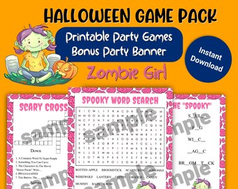 Halloween Printable Games, Zombie Girl, Printable Party Banner, Activities for Kids, print at home, instant download