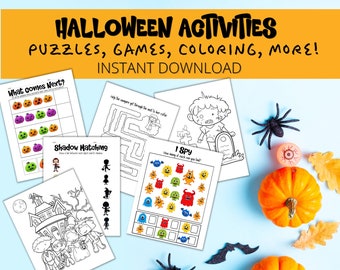 Halloween Activity Printable, activity pages worksheets, coloring pages, puzzles, mazes, and print at home games, instant download