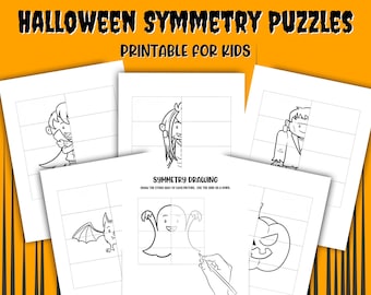 Symmetry Puzzle, Halloween Printable, activity pages worksheets, coloring pages, puzzles, print at home games, instant download