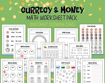 Counting Coins Math Printable Worksheet, Currency & Money, Math Work Sheets for Preschool, Kindergarten, Homeschool Math, Print at Home