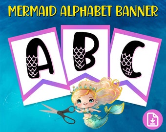 Printable Alphabet Banner Letters and Numbers, Mermaid Banner, Mermaid Party Signs, Mermaid Classroom Decor Printable,  Classroom Wall Art
