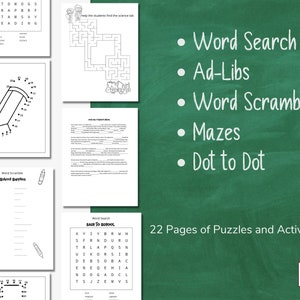 May include: A green chalkboard with white text listing different types of puzzles and activities, including word search, ad-libs, word scramble, mazes, and dot to dot. The text "22 Pages of Puzzles and Activities" is also on the chalkboard. A red download arrow with the word "PDF" is in the bottom right corner.