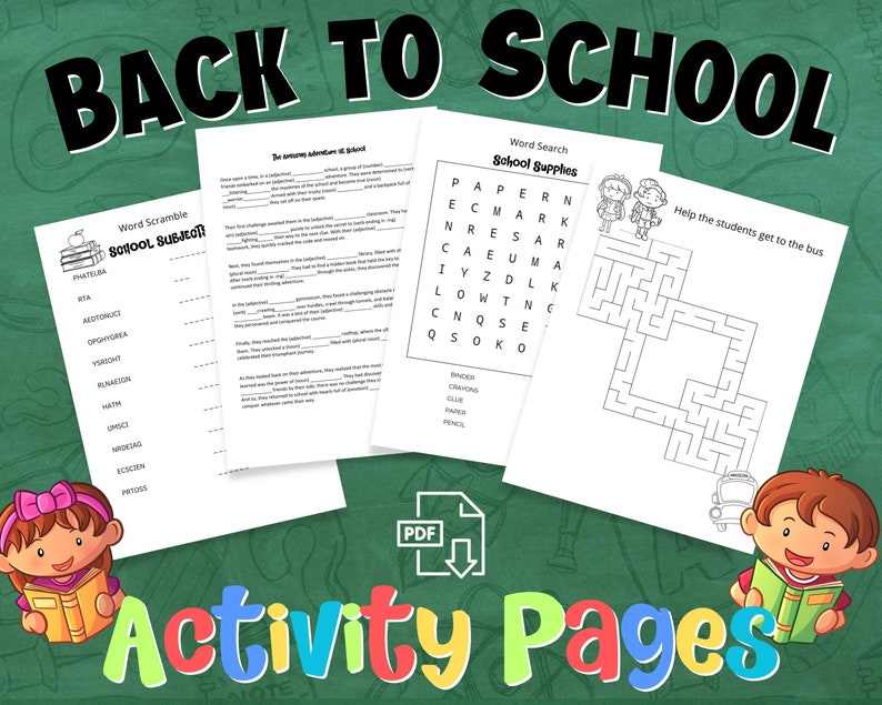 May include: A set of printable back to school activity pages featuring a word scramble, word search, and a maze. The pages are decorated with illustrations of children holding books and a school bus.
