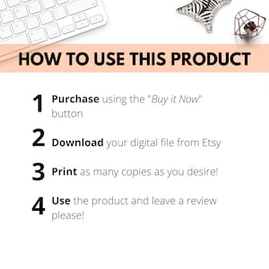 May include: A white background with a peach-colored box containing four numbered steps on how to use a digital product. The steps are: 1. Purchase using the "Buy it Now" button, 2. Download your digital file from Etsy, 3. Print as many copies as you desire!, 4. Use the product and leave a review please!